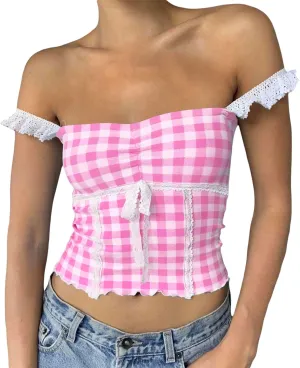 Womens Y2K Gingham Camisole Top Coquette Plaid Spaghetti Strap Backless Tank Top Fairy Peplum Babydoll Crop Top