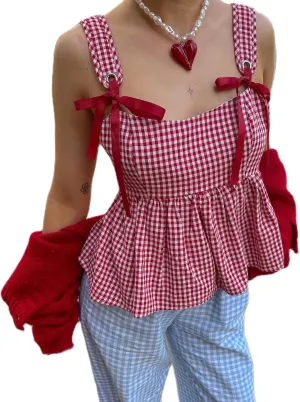 Womens Y2K Gingham Camisole Top Coquette Plaid Spaghetti Strap Backless Tank Top Fairy Peplum Babydoll Crop Top