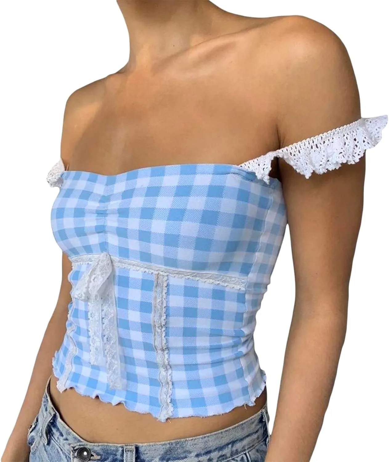 Womens Y2K Gingham Camisole Top Coquette Plaid Spaghetti Strap Backless Tank Top Fairy Peplum Babydoll Crop Top