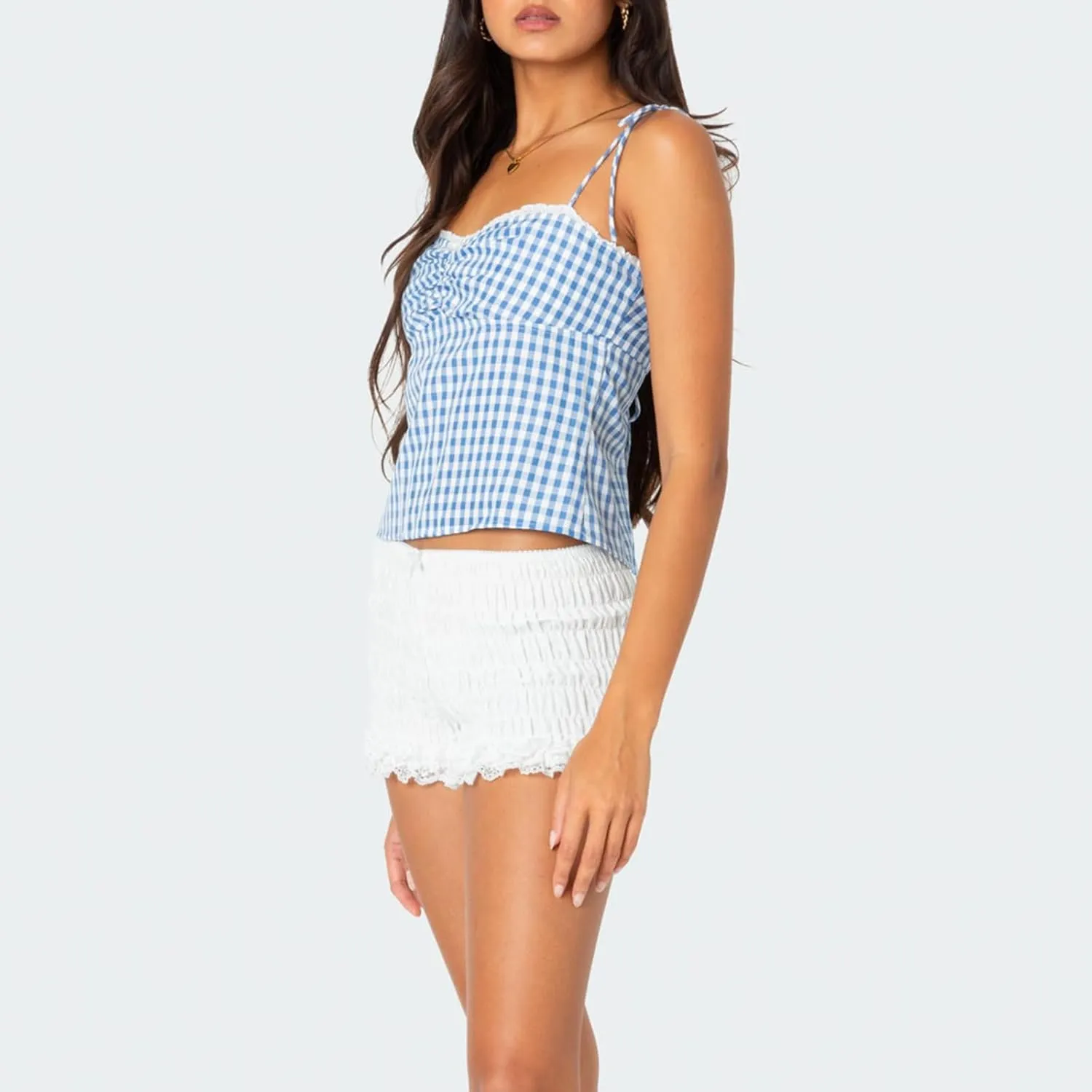 Womens Y2K Gingham Camisole Top Coquette Plaid Spaghetti Strap Backless Tank Top Fairy Peplum Babydoll Crop Top