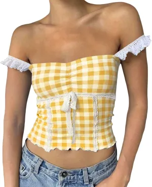 Womens Y2K Gingham Camisole Top Coquette Plaid Spaghetti Strap Backless Tank Top Fairy Peplum Babydoll Crop Top