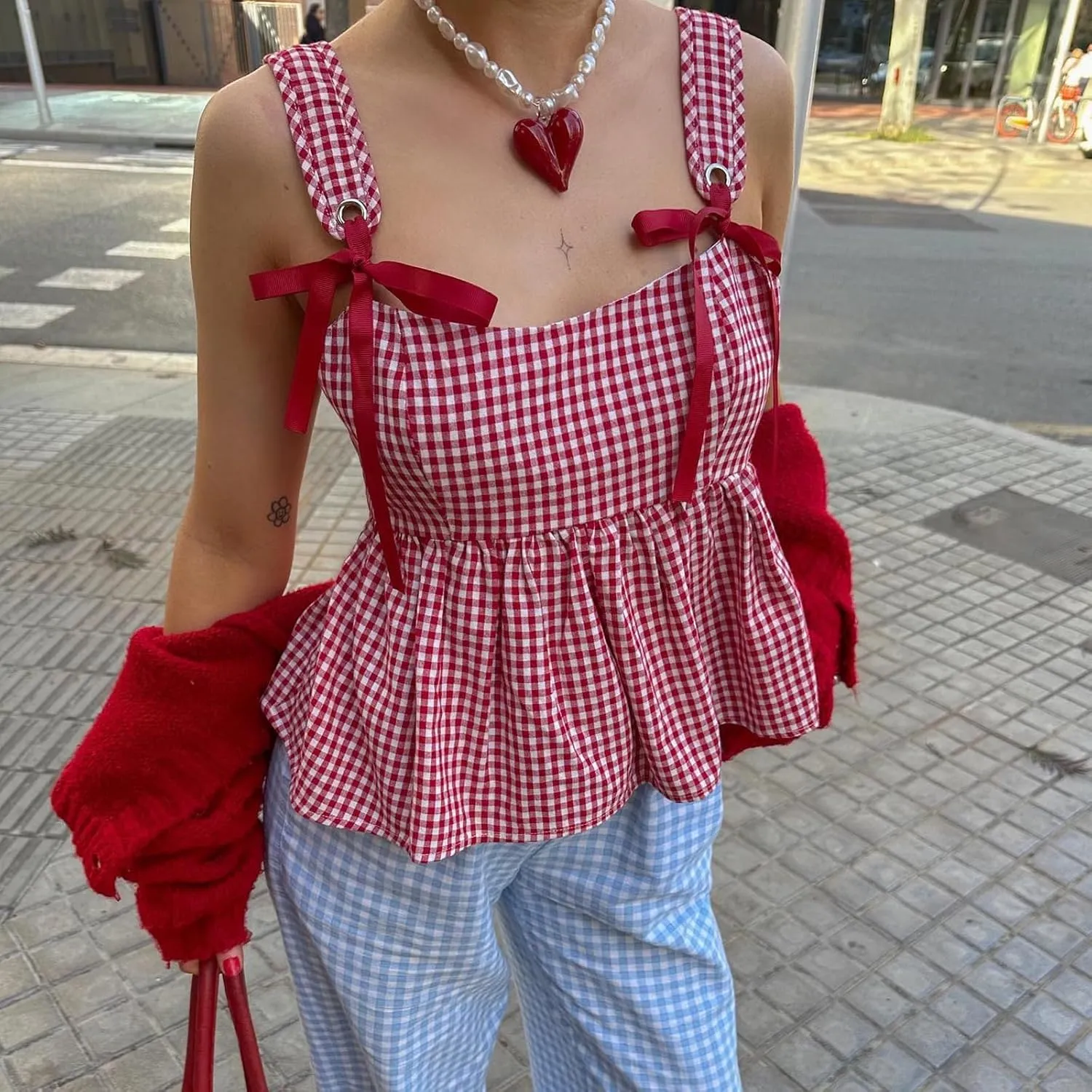 Womens Y2K Gingham Camisole Top Coquette Plaid Spaghetti Strap Backless Tank Top Fairy Peplum Babydoll Crop Top
