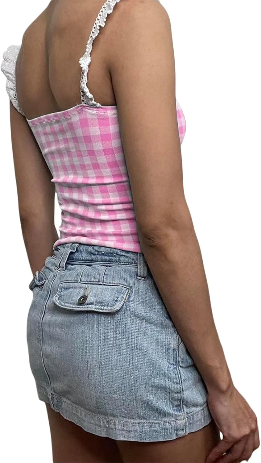 Womens Y2K Gingham Camisole Top Coquette Plaid Spaghetti Strap Backless Tank Top Fairy Peplum Babydoll Crop Top