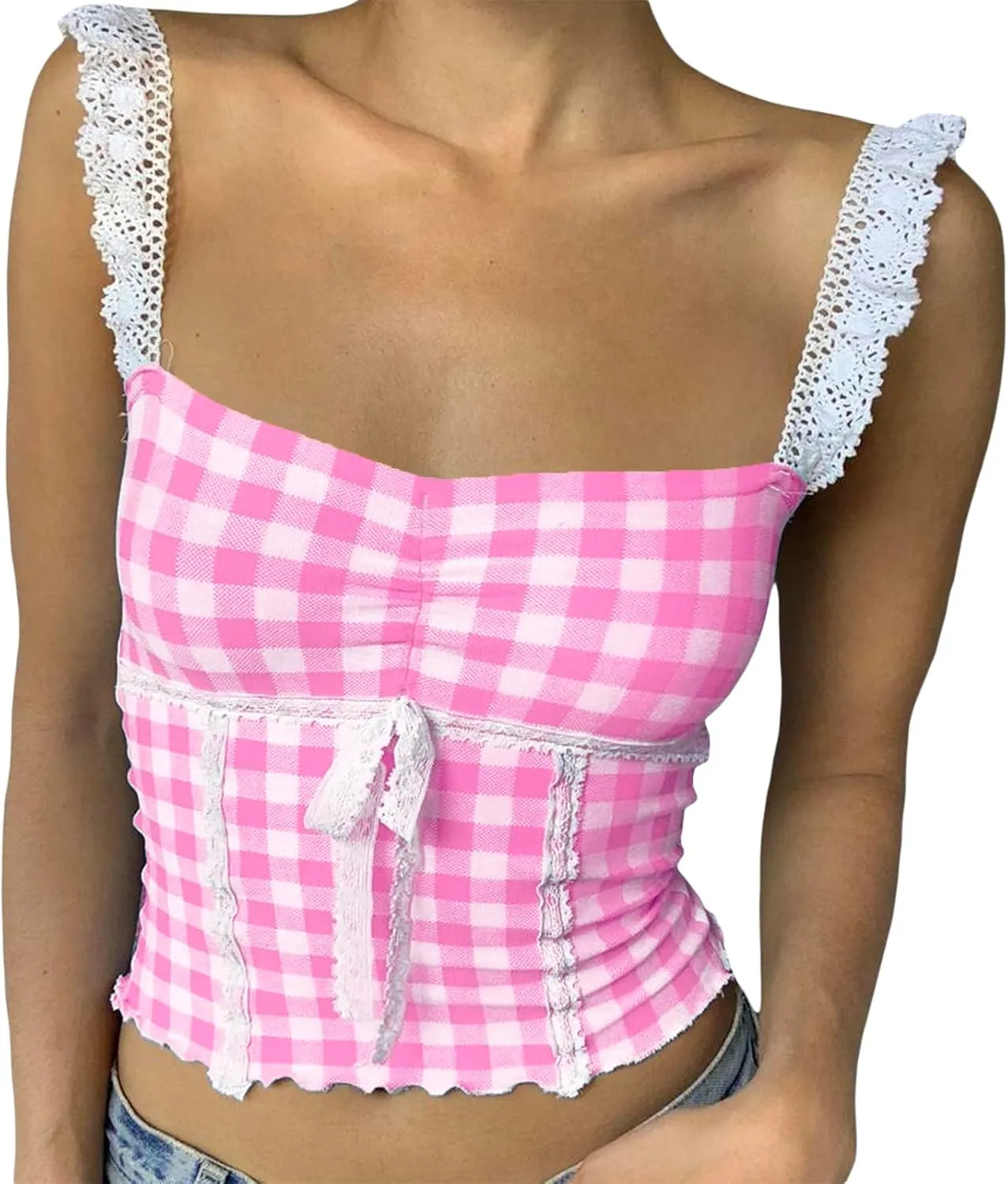 Womens Y2K Gingham Camisole Top Coquette Plaid Spaghetti Strap Backless Tank Top Fairy Peplum Babydoll Crop Top