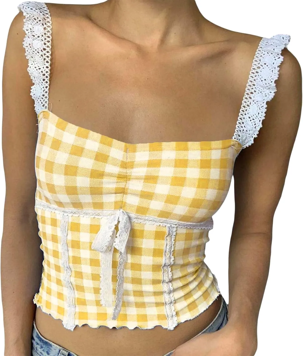 Womens Y2K Gingham Camisole Top Coquette Plaid Spaghetti Strap Backless Tank Top Fairy Peplum Babydoll Crop Top