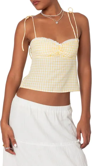 Womens Y2K Gingham Camisole Top Coquette Plaid Spaghetti Strap Backless Tank Top Fairy Peplum Babydoll Crop Top