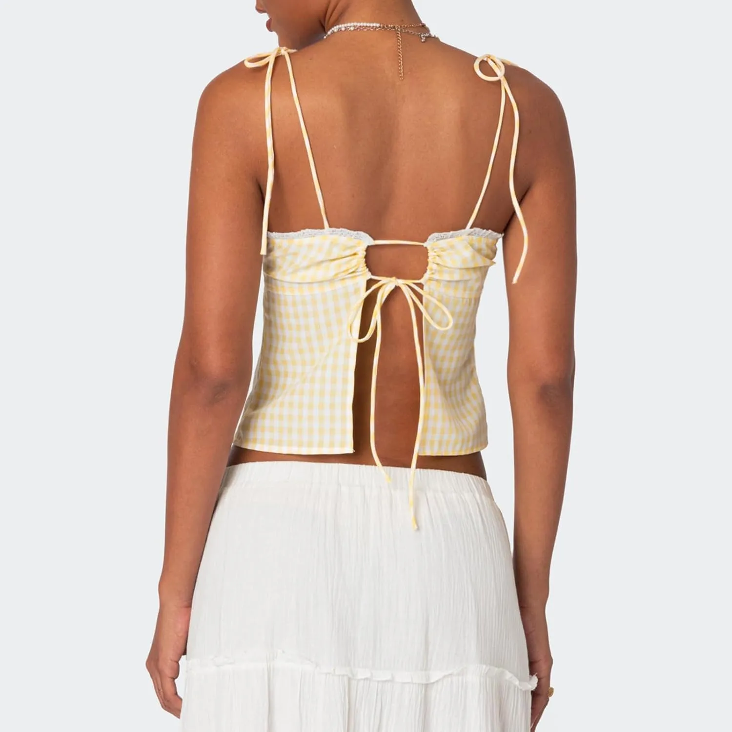 Womens Y2K Gingham Camisole Top Coquette Plaid Spaghetti Strap Backless Tank Top Fairy Peplum Babydoll Crop Top