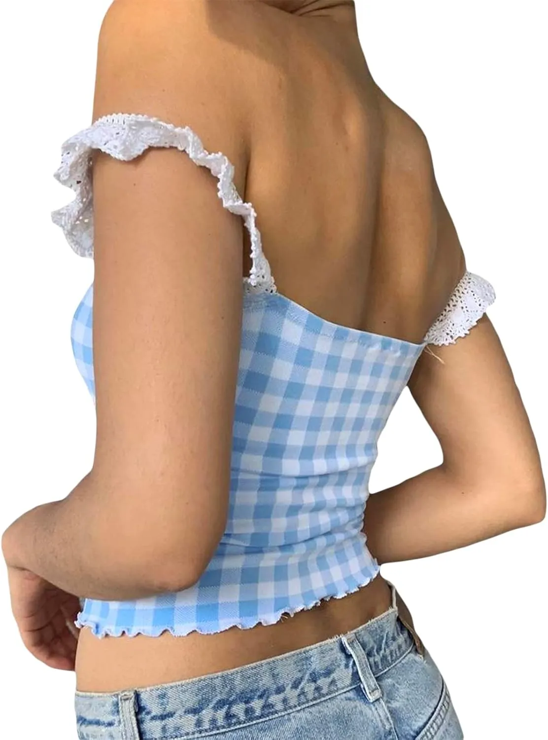 Womens Y2K Gingham Camisole Top Coquette Plaid Spaghetti Strap Backless Tank Top Fairy Peplum Babydoll Crop Top