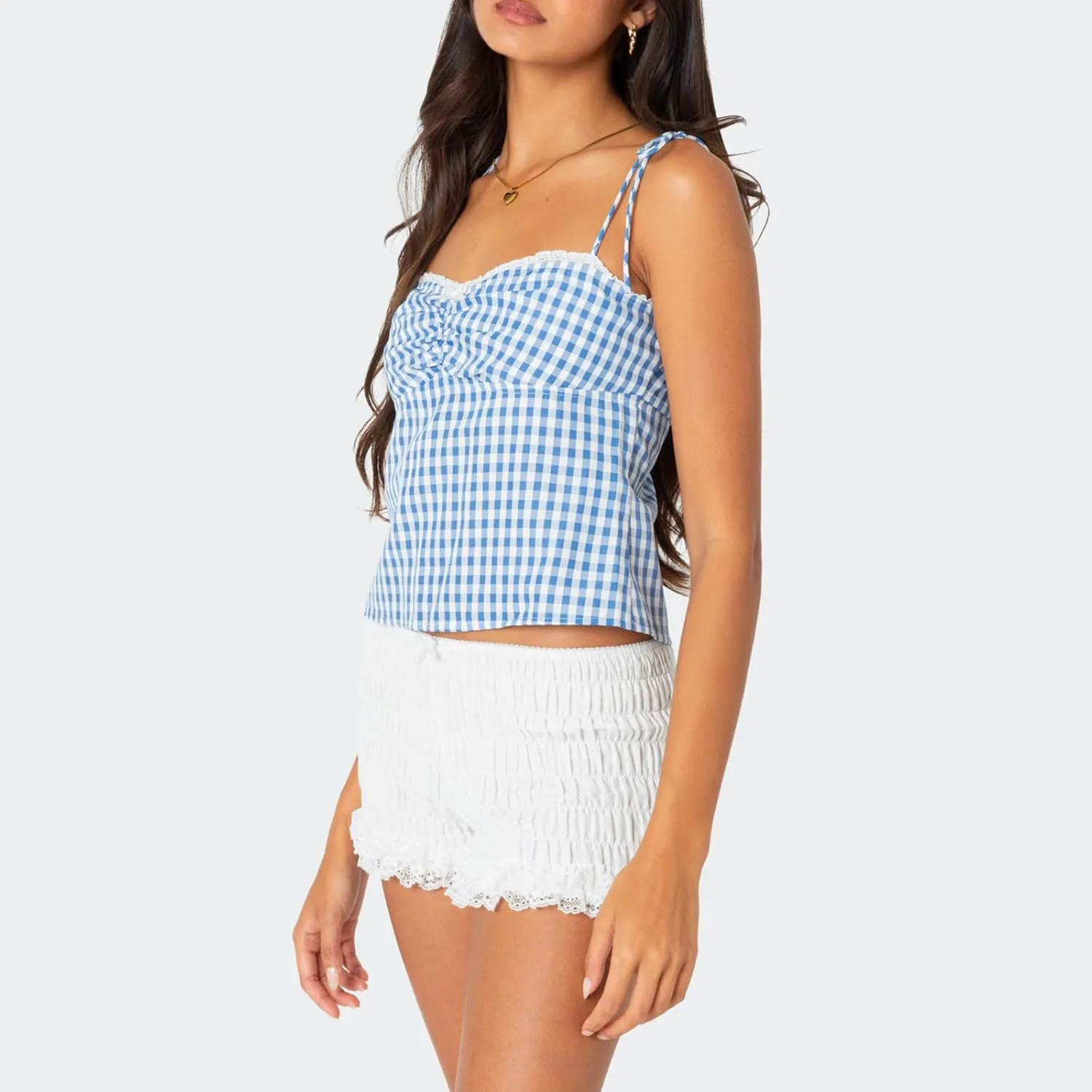 Womens Y2K Gingham Camisole Top Coquette Plaid Spaghetti Strap Backless Tank Top Fairy Peplum Babydoll Crop Top