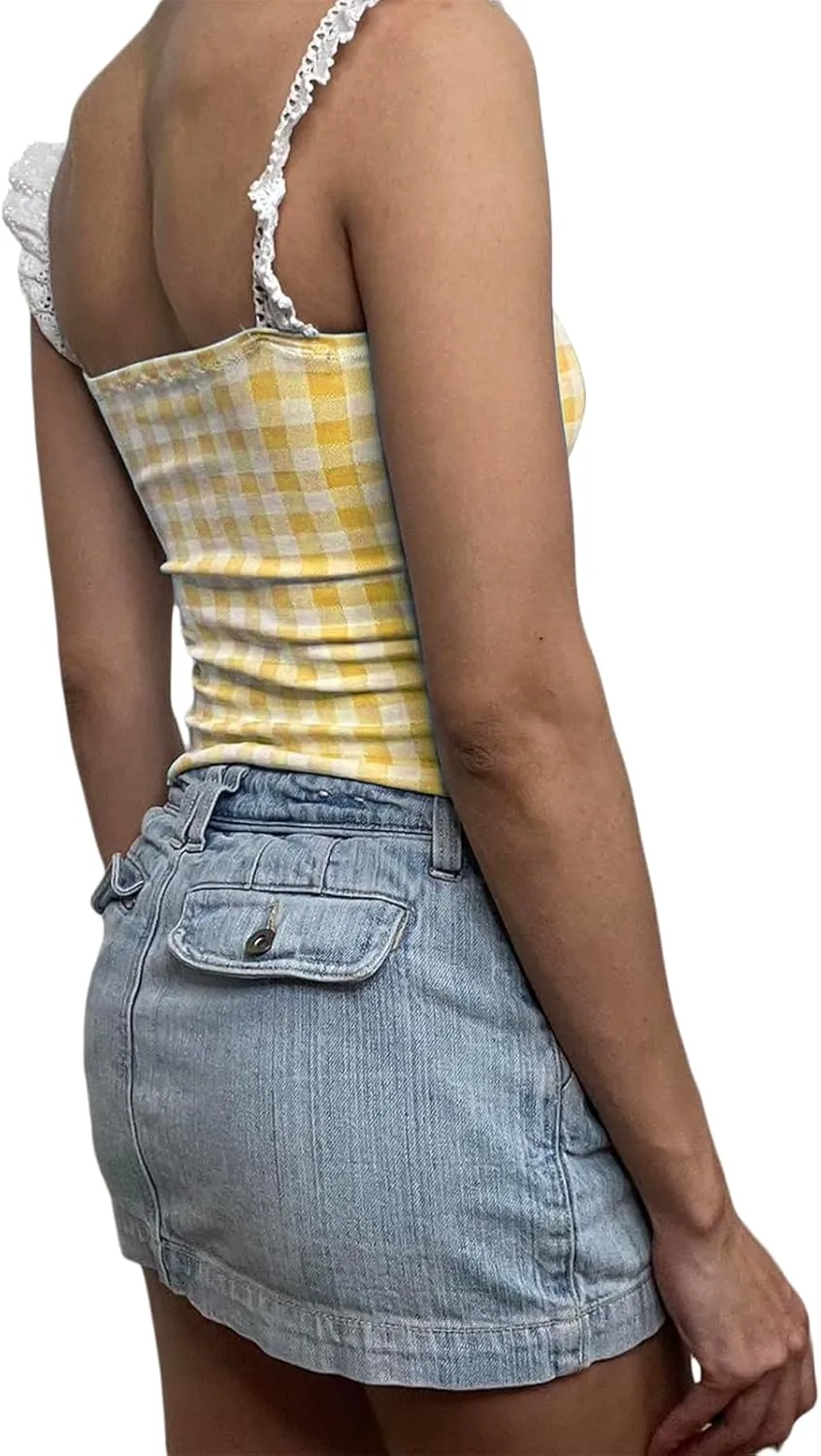 Womens Y2K Gingham Camisole Top Coquette Plaid Spaghetti Strap Backless Tank Top Fairy Peplum Babydoll Crop Top