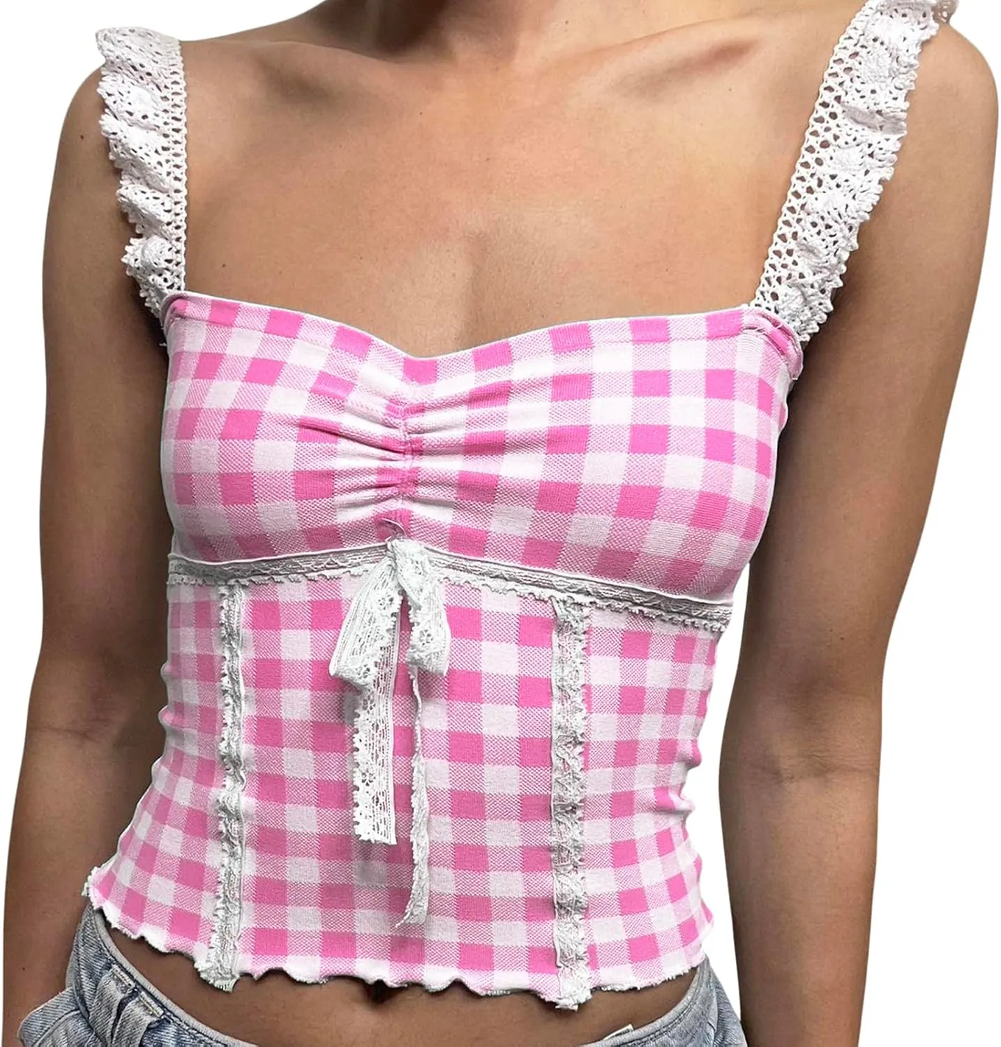 Womens Y2K Gingham Camisole Top Coquette Plaid Spaghetti Strap Backless Tank Top Fairy Peplum Babydoll Crop Top