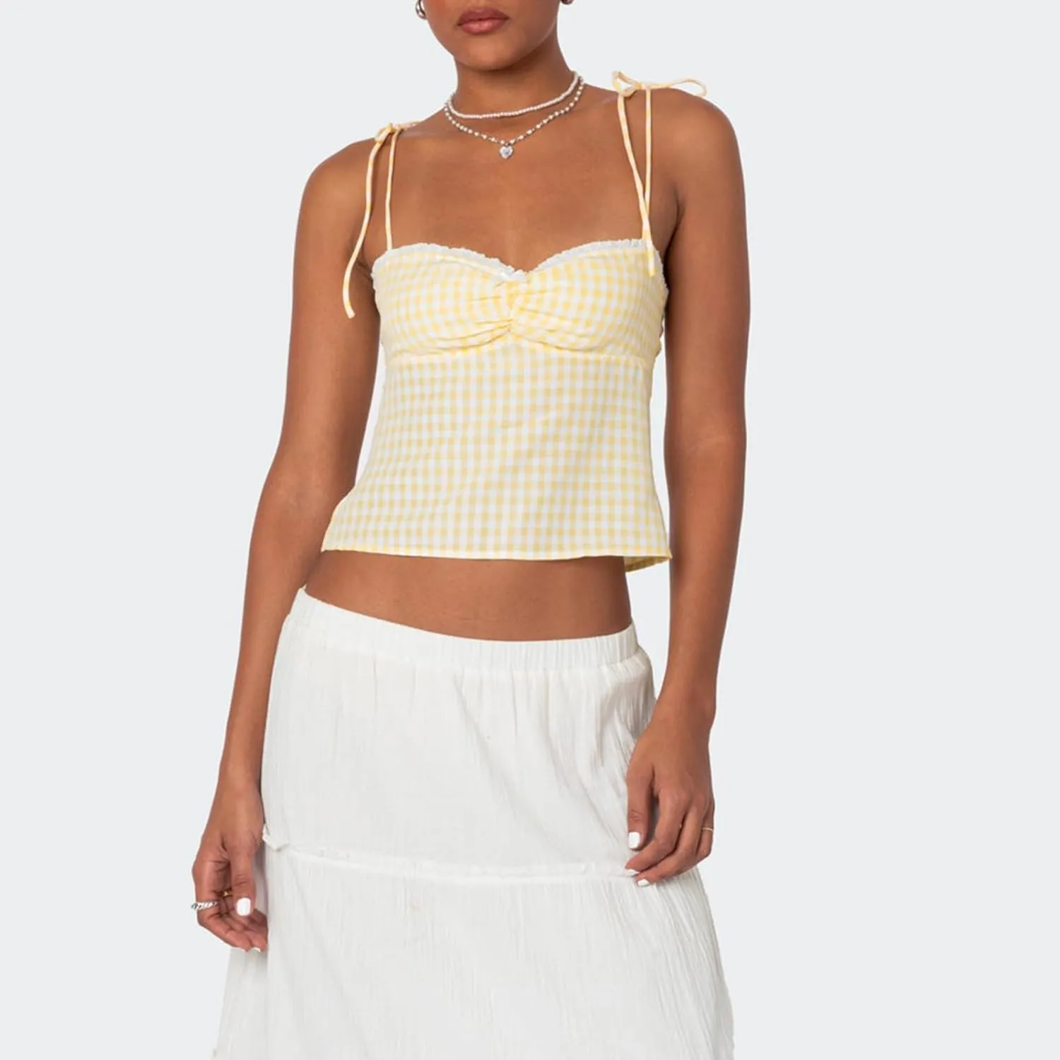 Womens Y2K Gingham Camisole Top Coquette Plaid Spaghetti Strap Backless Tank Top Fairy Peplum Babydoll Crop Top