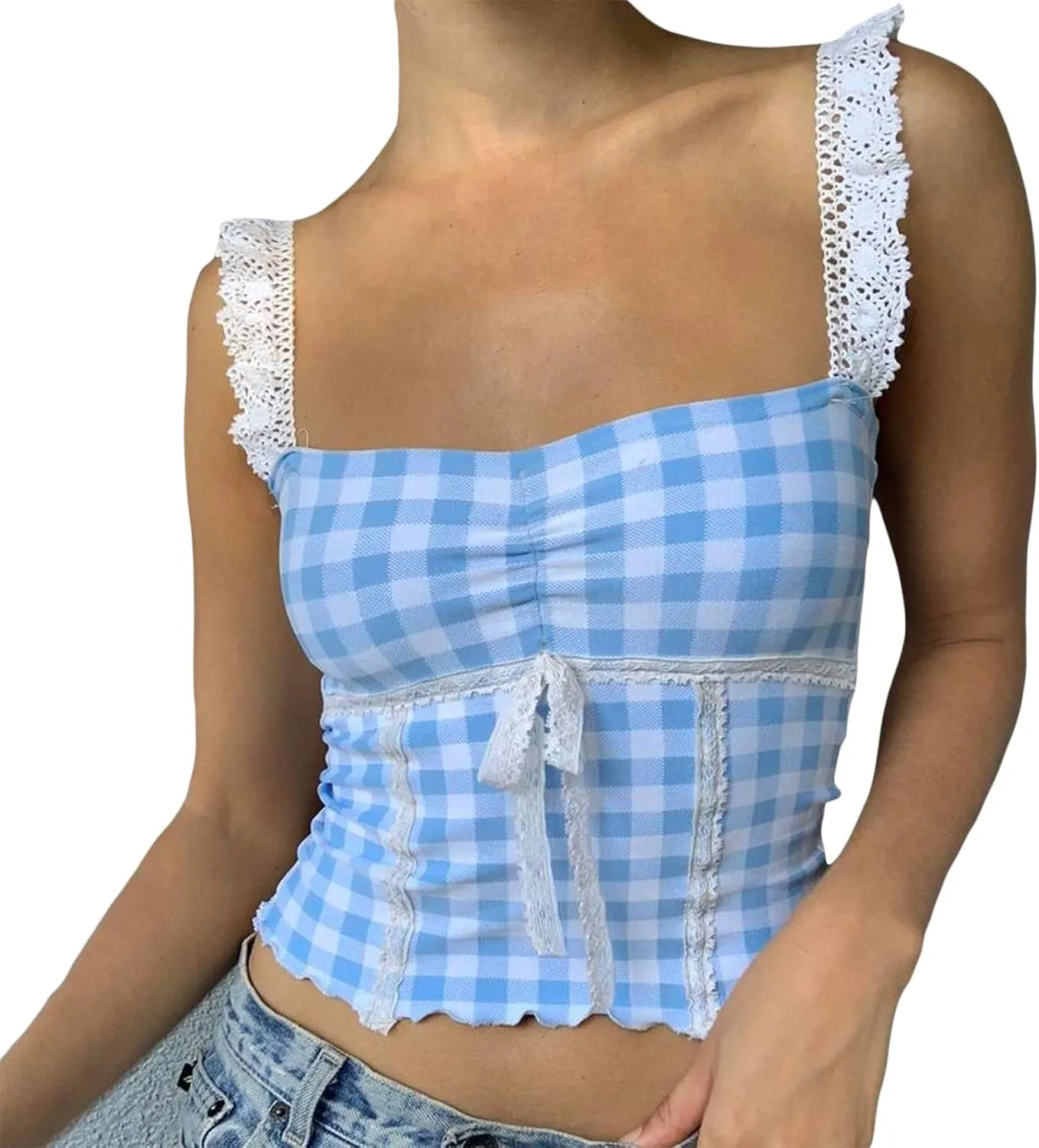 Womens Y2K Gingham Camisole Top Coquette Plaid Spaghetti Strap Backless Tank Top Fairy Peplum Babydoll Crop Top
