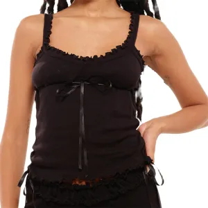 Women's Y2k Ruffle Trim Lace Tank Top Sexy Bodycon Low Cut Backless Spaghetti Strap Camisole Crop Top Going Out Top