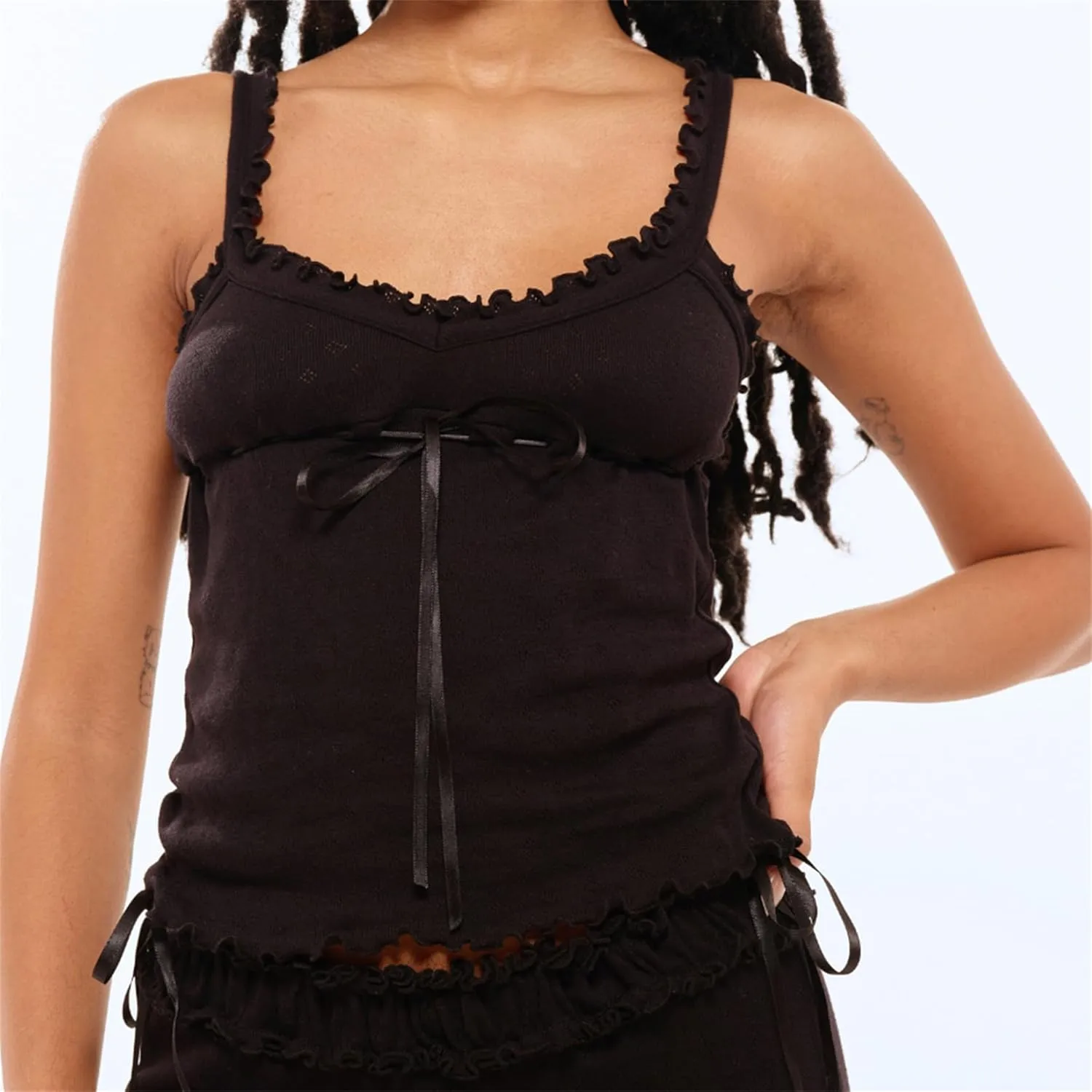 Women's Y2k Ruffle Trim Lace Tank Top Sexy Bodycon Low Cut Backless Spaghetti Strap Camisole Crop Top Going Out Top