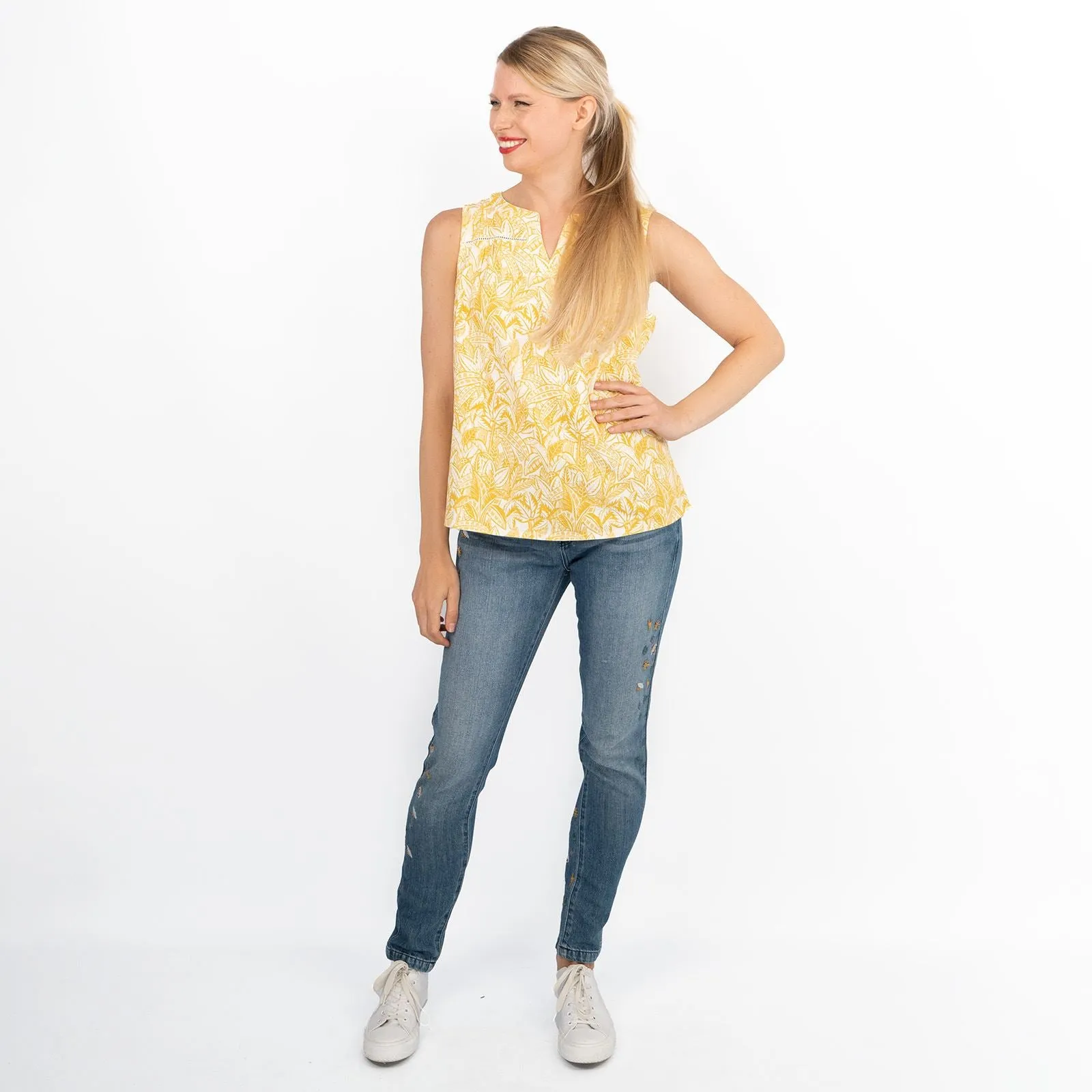 Women's Yellow Floral Sleeveless Casual Lightweight Linen Blend Vests Cami Tops
