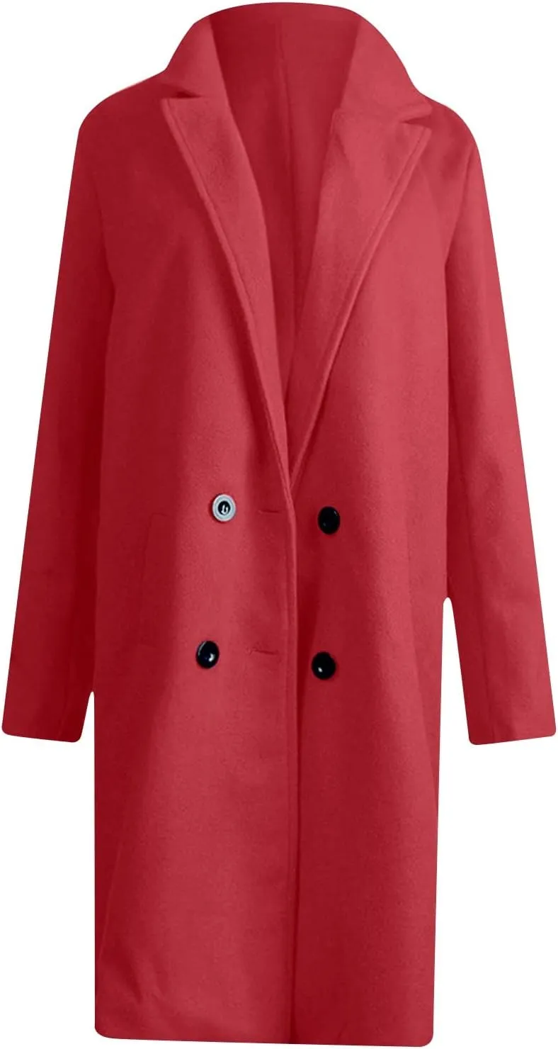 Wool Coats for Women Notch Lapel Double Breasted Mid Long Trench Coat Plus Size Pea Overcoat Winter Jacket