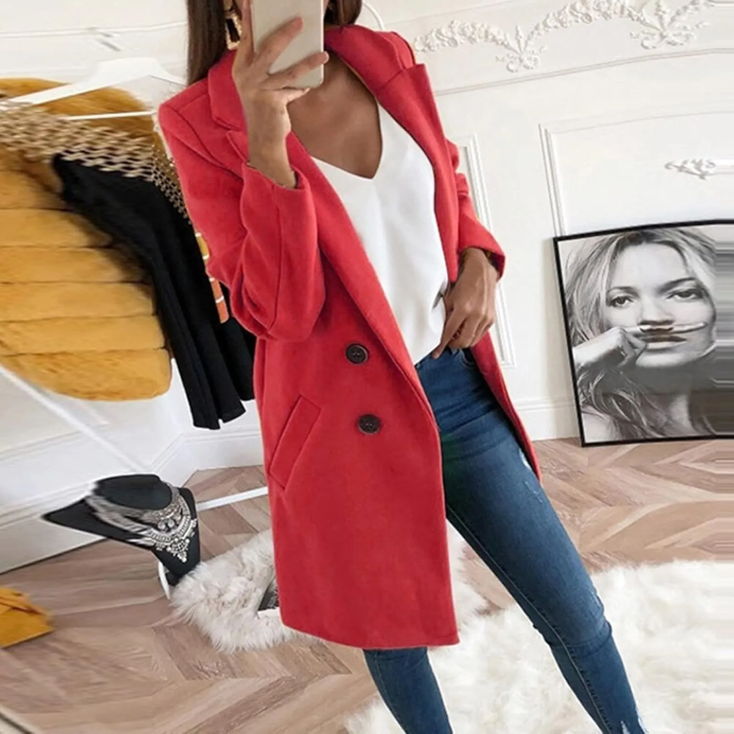 Wool Coats for Women Notch Lapel Double Breasted Mid Long Trench Coat Plus Size Pea Overcoat Winter Jacket