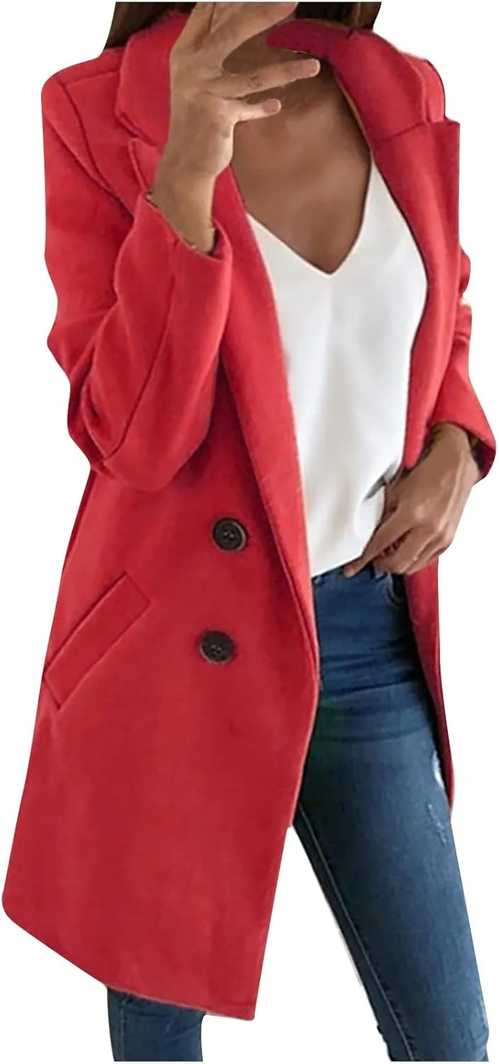 Wool Coats for Women Notch Lapel Double Breasted Mid Long Trench Coat Plus Size Pea Overcoat Winter Jacket