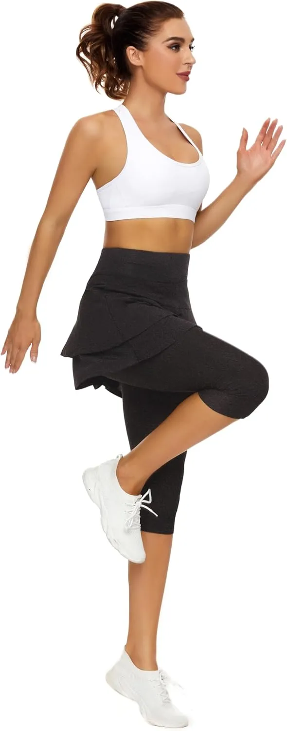 WOWENY Tennis Skirted Leggings with Pockets for Women Golf Skapri Leggings with Skirt