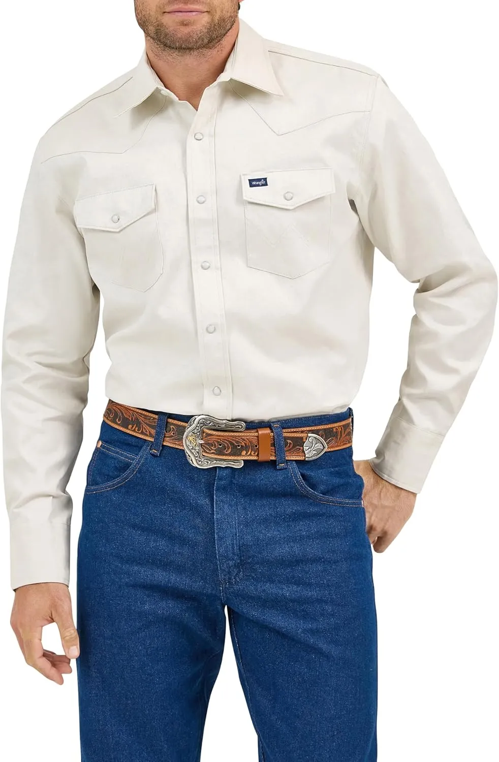 Wrangler Men's Cowboy Cut Work Western Long-Sleeve Snap Work Shirt Firm Finish