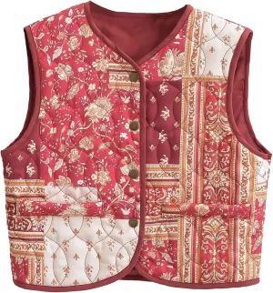 Wyeysyt Womens Floral Cropped Quilted Puffer Vest Printed Lightweight Sleeveless Padded Gilets Outwear