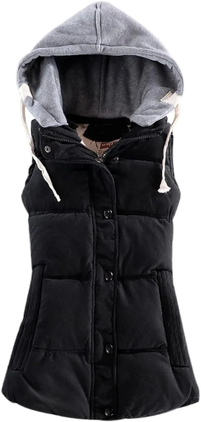 Yeokou Women's Slim Sleeveless Quilted Removable Hooded Winter Puffer Vest Coat