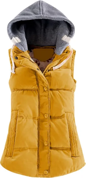 Yeokou Women's Slim Sleeveless Quilted Removable Hooded Winter Puffer Vest Coat