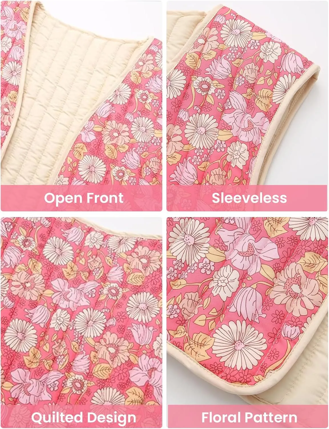 Yimoon Women's Cropped Puffer Vest Floral Print Lightweight Sleeveless Quilted Jacket Open Front Padded Gilet Outwear