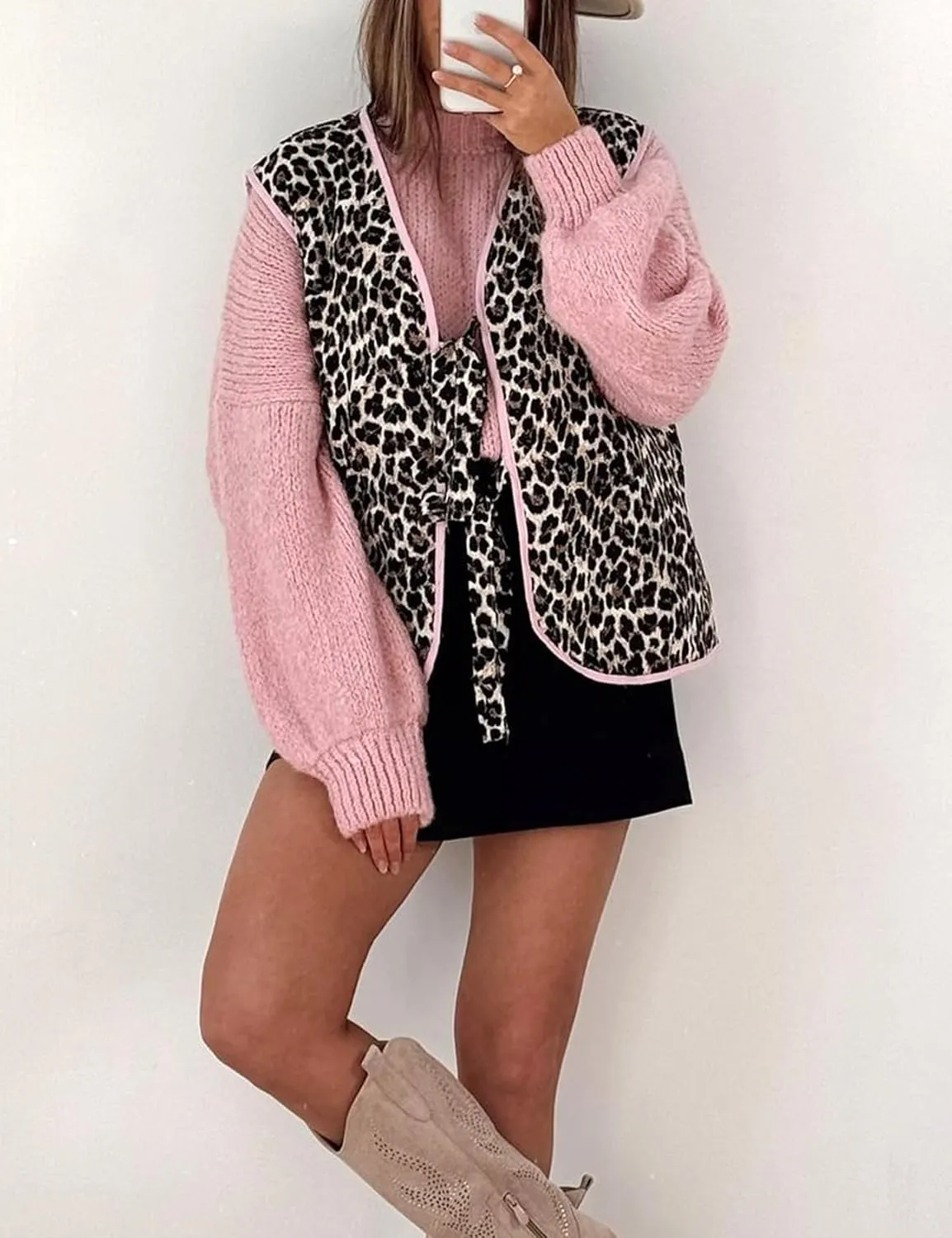 Yimoon Women's Floral Puffer Vest Leopard Print Tie Front Sleeveless Quilted Jacket Open Front Padded Gilet Outwear