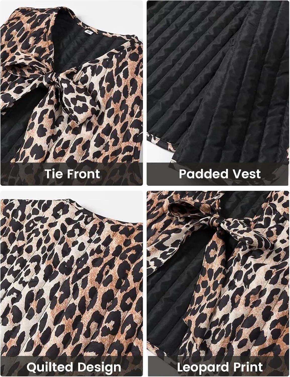 Yimoon Women's Floral Puffer Vest Leopard Print Tie Front Sleeveless Quilted Jacket Open Front Padded Gilet Outwear