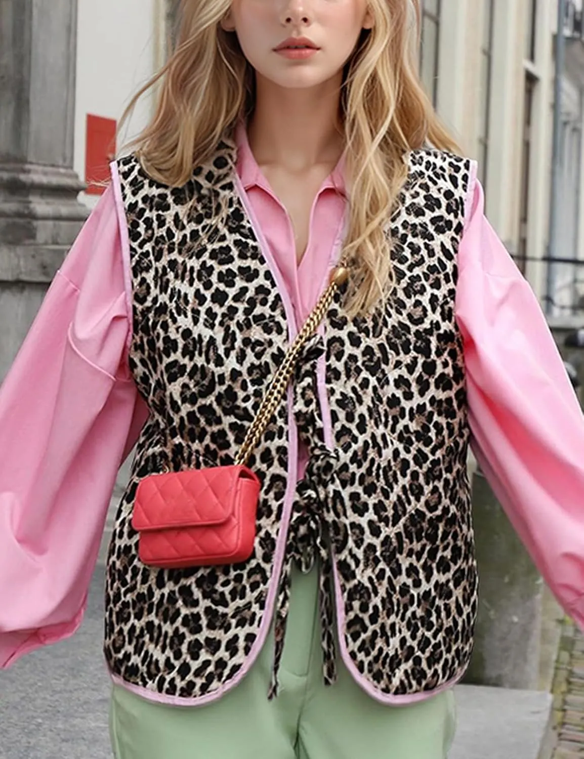 Yimoon Women's Floral Puffer Vest Leopard Print Tie Front Sleeveless Quilted Jacket Open Front Padded Gilet Outwear