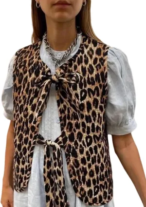 Yimoon Women's Floral Puffer Vest Leopard Print Tie Front Sleeveless Quilted Jacket Open Front Padded Gilet Outwear