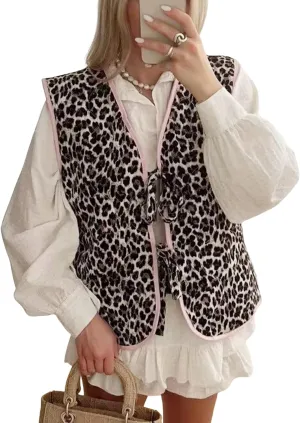 Yimoon Women's Floral Puffer Vest Leopard Print Tie Front Sleeveless Quilted Jacket Open Front Padded Gilet Outwear