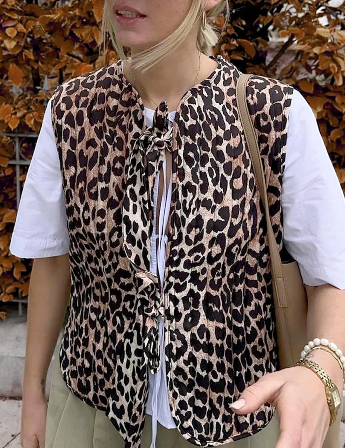 Yimoon Women's Floral Puffer Vest Leopard Print Tie Front Sleeveless Quilted Jacket Open Front Padded Gilet Outwear
