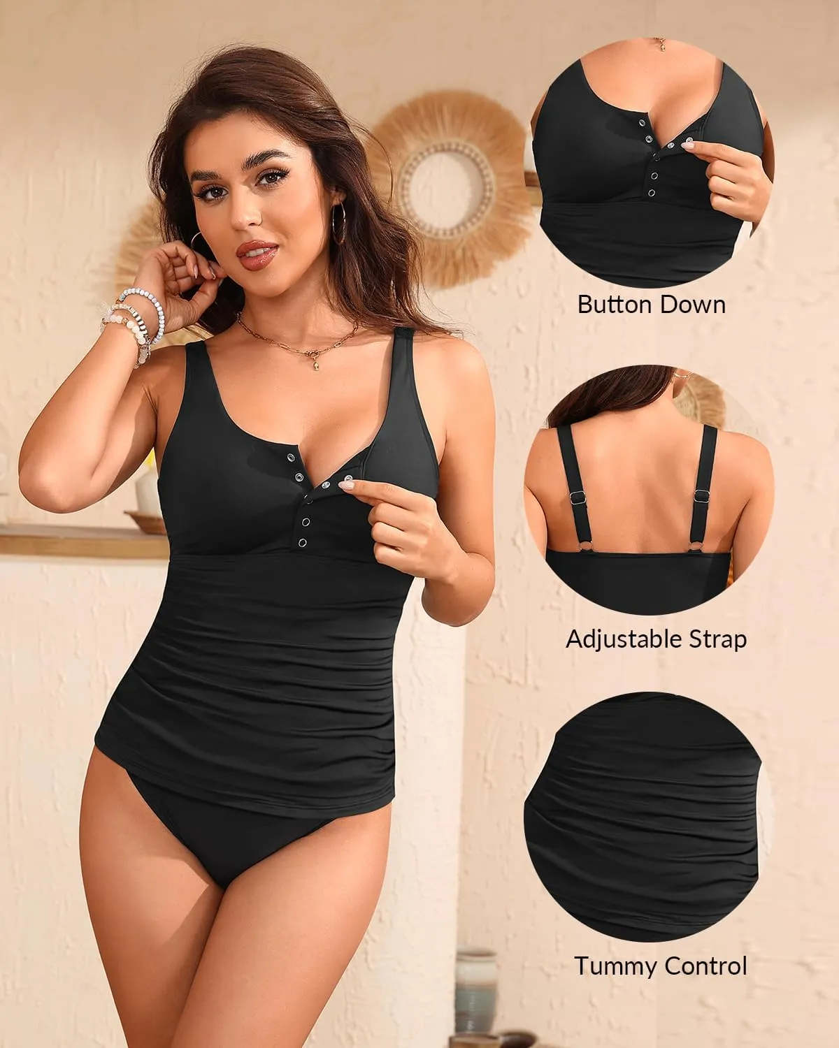 Yonique Women's Tankini Top Only Button Tummy Control Swim Tank Top Modest Bathing Suit Top No Bottom