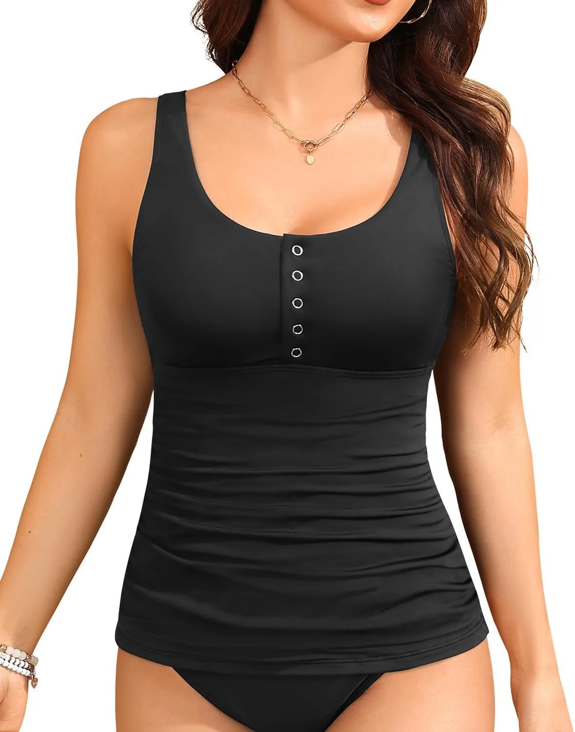 Yonique Women's Tankini Top Only Button Tummy Control Swim Tank Top Modest Bathing Suit Top No Bottom
