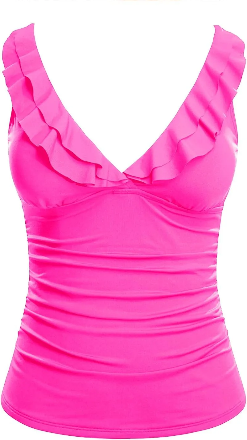 Yonique Women's Tankini Top Only Tummy Control Bathing Suit Top Ruffle Swimsuit Top V Neck Swim Tank Top No Bottom