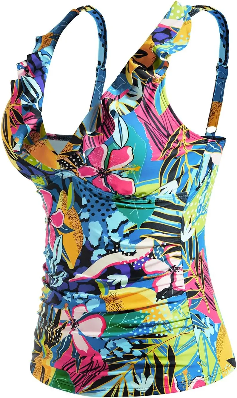Yonique Women's Tankini Top Only Tummy Control Bathing Suit Top Ruffle Swimsuit Top V Neck Swim Tank Top No Bottom
