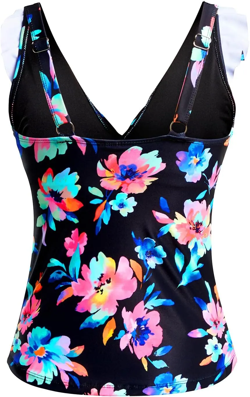 Yonique Women's Tankini Top Only Tummy Control Bathing Suit Top Ruffle Swimsuit Top V Neck Swim Tank Top No Bottom