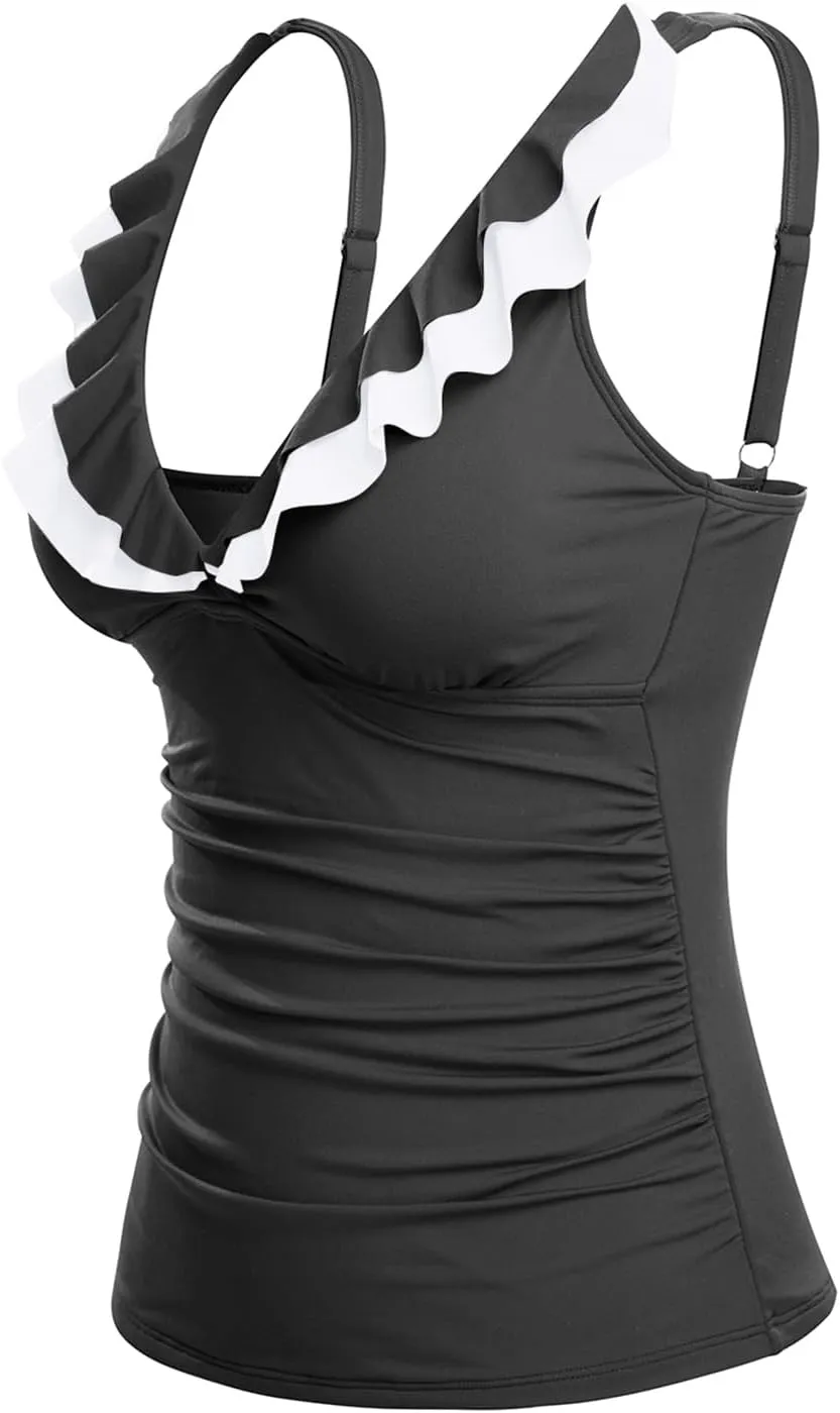 Yonique Women's Tankini Top Only Tummy Control Bathing Suit Top Ruffle Swimsuit Top V Neck Swim Tank Top No Bottom