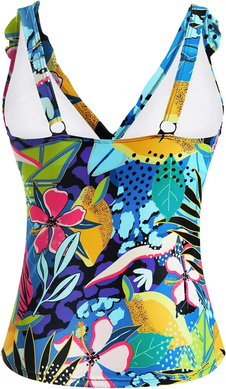 Yonique Women's Tankini Top Only Tummy Control Bathing Suit Top Ruffle Swimsuit Top V Neck Swim Tank Top No Bottom