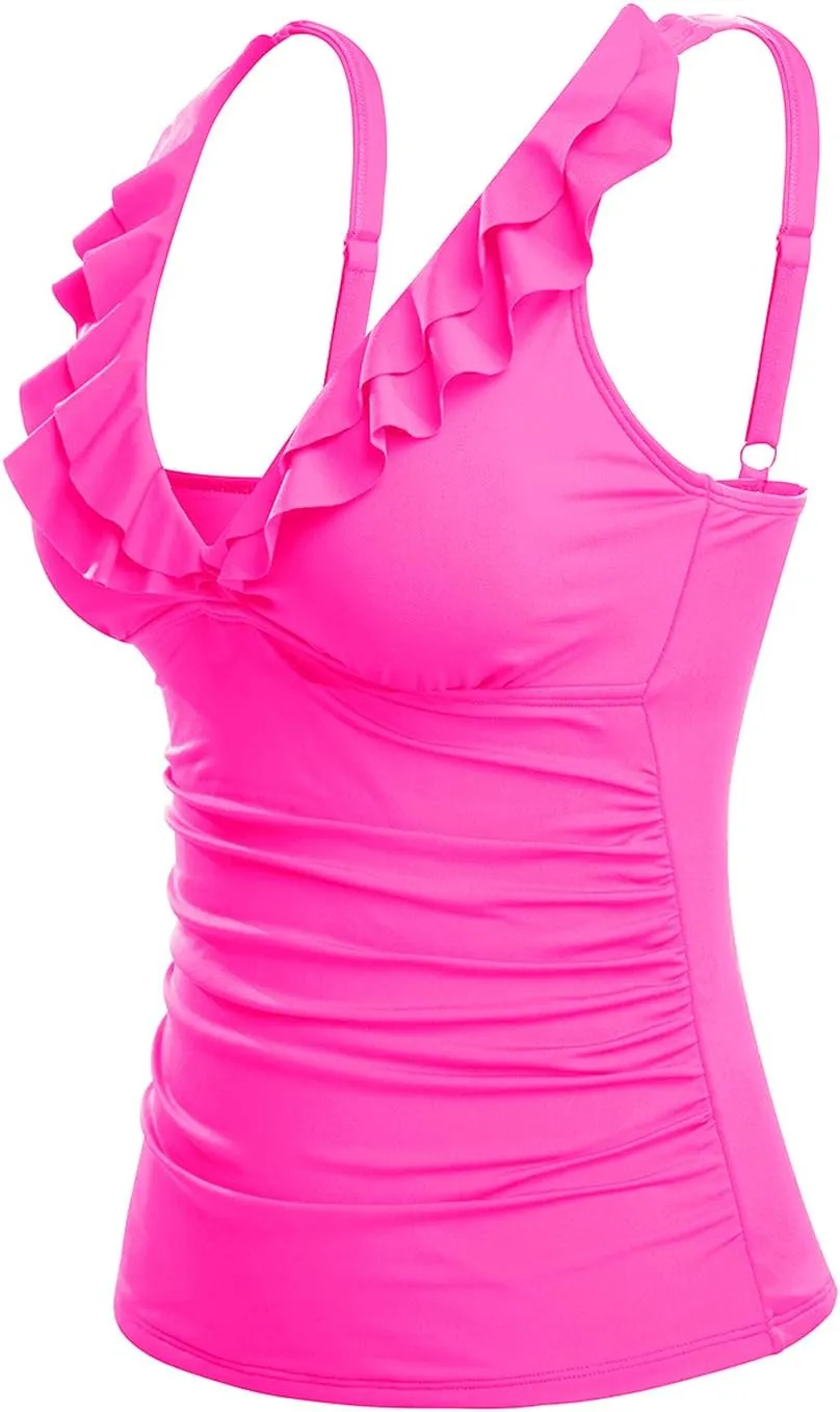 Yonique Women's Tankini Top Only Tummy Control Bathing Suit Top Ruffle Swimsuit Top V Neck Swim Tank Top No Bottom