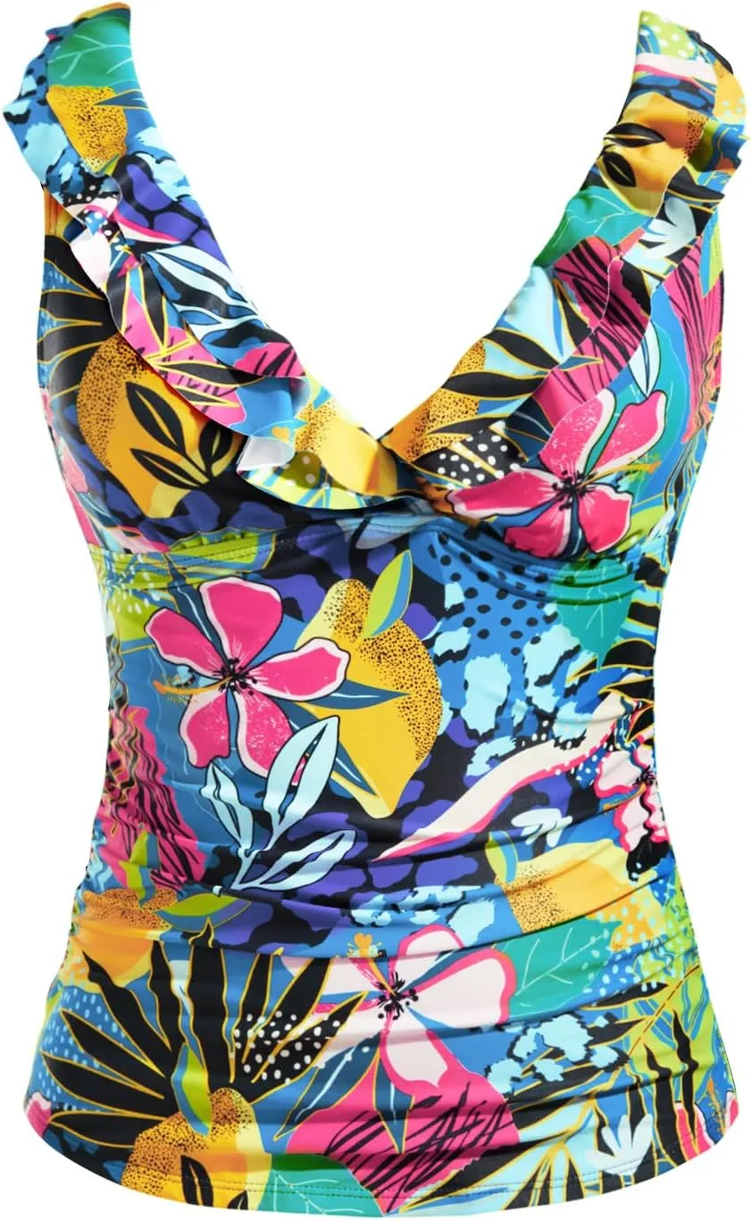 Yonique Women's Tankini Top Only Tummy Control Bathing Suit Top Ruffle Swimsuit Top V Neck Swim Tank Top No Bottom