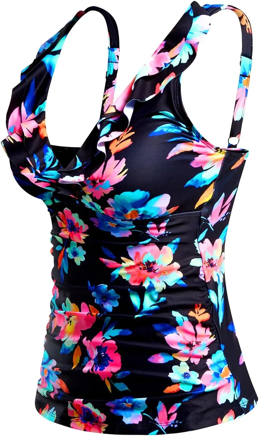 Yonique Women's Tankini Top Only Tummy Control Bathing Suit Top Ruffle Swimsuit Top V Neck Swim Tank Top No Bottom