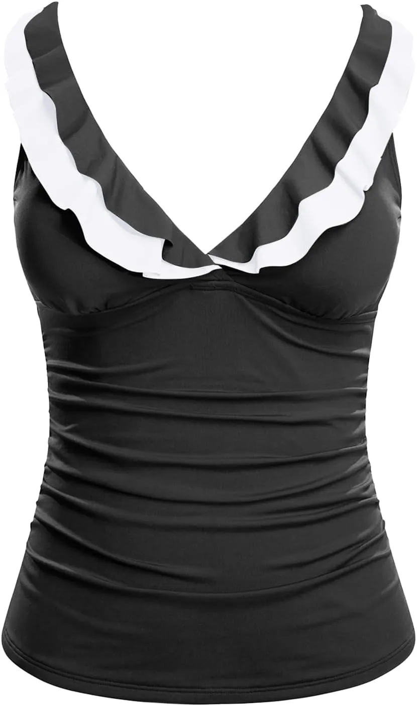 Yonique Women's Tankini Top Only Tummy Control Bathing Suit Top Ruffle Swimsuit Top V Neck Swim Tank Top No Bottom