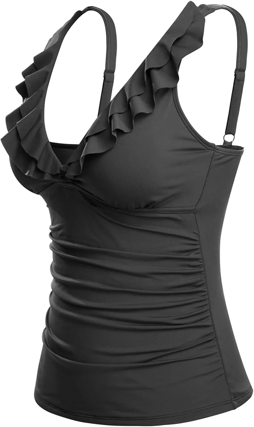 Yonique Women's Tankini Top Only Tummy Control Bathing Suit Top Ruffle Swimsuit Top V Neck Swim Tank Top No Bottom
