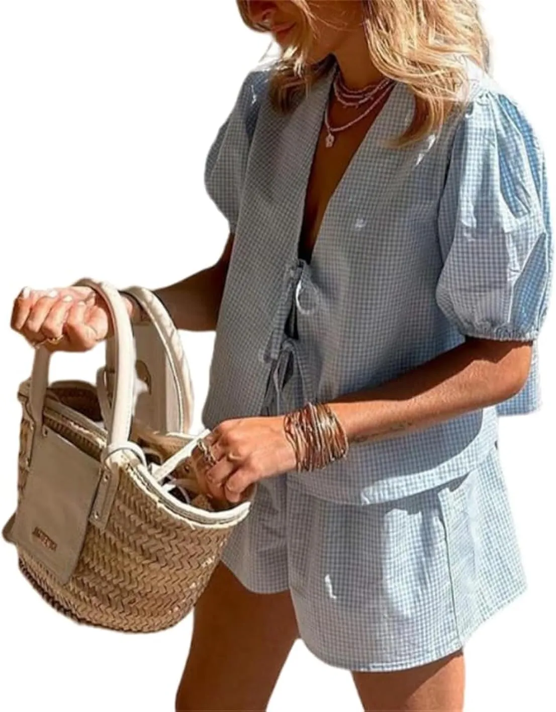 Yuemengxuan Women Y2k Peplum Shirt Shorts Two Piece Lounge Set Pajamas Puff Sleeve Tie Front Top 2pcs Outfits