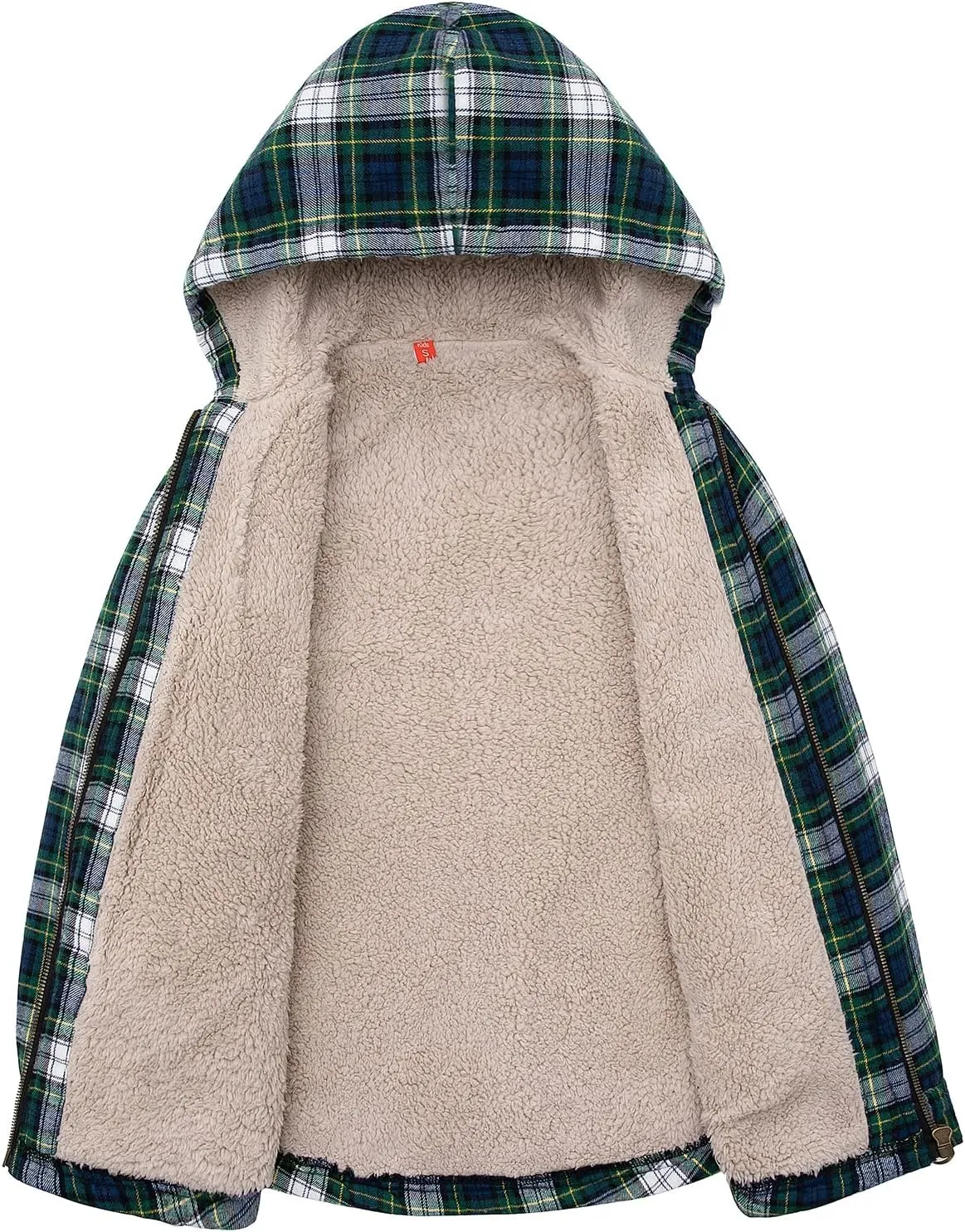 ZENTHACE Girls Sherpa Lined Full Zip Up Plaid Flannel Shirt Fuzzy Hooded Flannel Jacket with Hand Pockets