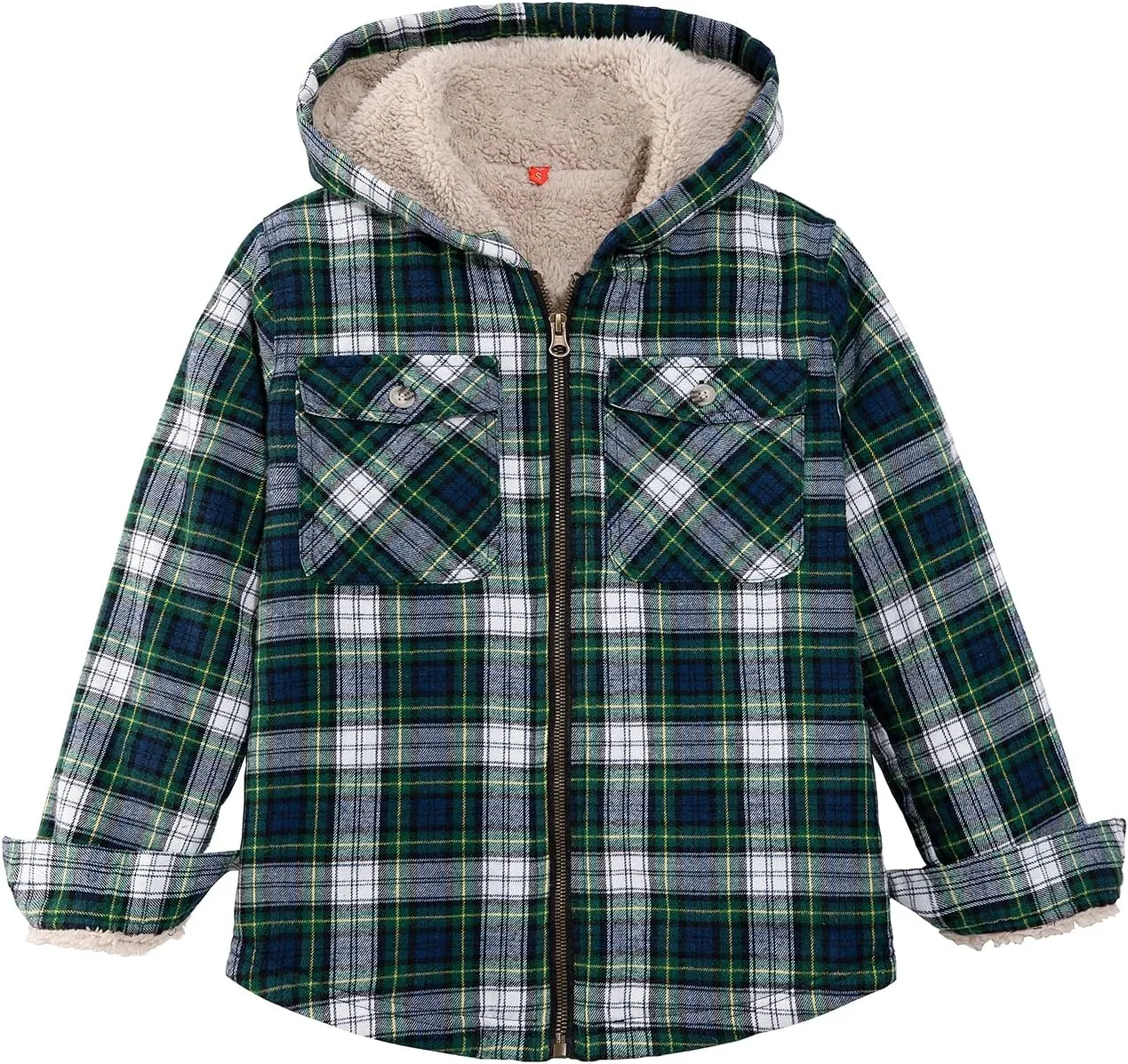 ZENTHACE Girls Sherpa Lined Full Zip Up Plaid Flannel Shirt Fuzzy Hooded Flannel Jacket with Hand Pockets